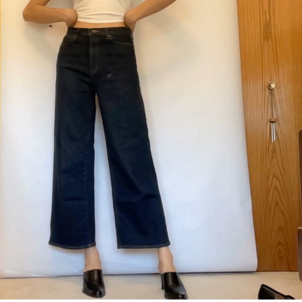 Blue denim jeans, cropped and flared